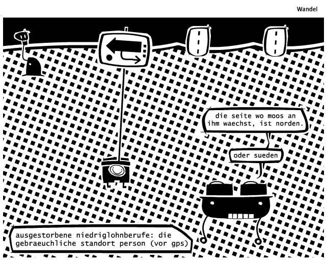 ausgestorbene Niedriglohnberufe: die Gebräuchliche Standort Person, vor GPS. Bob Schroeder, Cartoon.